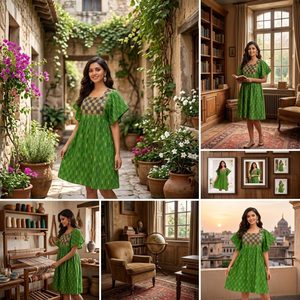 ชุดเดรสผ้าฝ้ายสีเขียวสำหรับผู้หญิง ปักลายที่คอเสื้อ แขนระบายทรงหลวม สวมใส่สบายๆ ในฤดูร้อน เหมาะสำหรับใส่ในชีวิตประจำวัน ชุดเดรสสั้น - Product Image 5