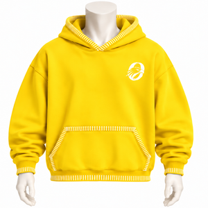 Yellow Stitched Border Distressed Pullover <b>Hoodie</b> Oversized Sweatshirt Contrast <b>Stitch</b> Kangaroo Pocket Casual Streetwear Apparel - Product Image 1