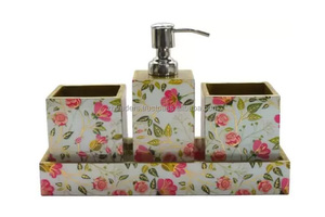 Elegant Floral Design MDF <b>Printed</b> Customized Portable <b>Bathroom</b> Set with Soap Dispenser & Tumbler Tray <b>for</b> Vanity Use - Product Image 4