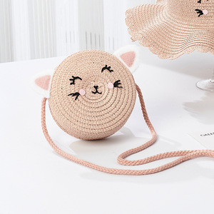 Bolso Bandolera de Ratán con Diseño de Cara de Gato de Dibujos Animados, Ligero, para Uso Diario, con Cierre de Solapa, Correa Única, Forma Redonda, para Mujer - Product Image 2