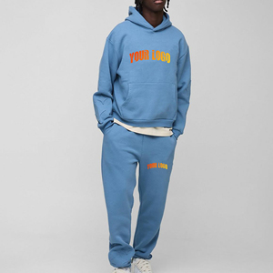 Conjunto de Sudadera con Capucha Azul para Hombre, Algodón French Terry, Estilo Casual para Otoño, Diseño con Logotipo Estampado en la Parte Delantera - Product Image 1