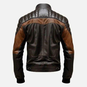Blouson moto homme en cuir véritable marron, col rabattu, fermeture éclair, coupe ajustée, manches classiques, style motard automne - Product Image 5