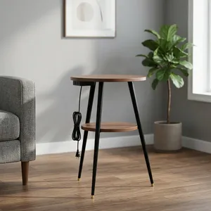 Modern Round Wood <b>Side</b> <b>Table</b> with Metal Legs and <b>Storage</b> Midcentury Design Living Room Furniture with charging socket - Product Image 3