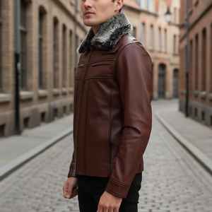 Chaqueta de Cuero Genuino de Piel de Oveja para Hombre |   Abrigo de Invierno con Cuello de Piel Sintética - Product Image 5