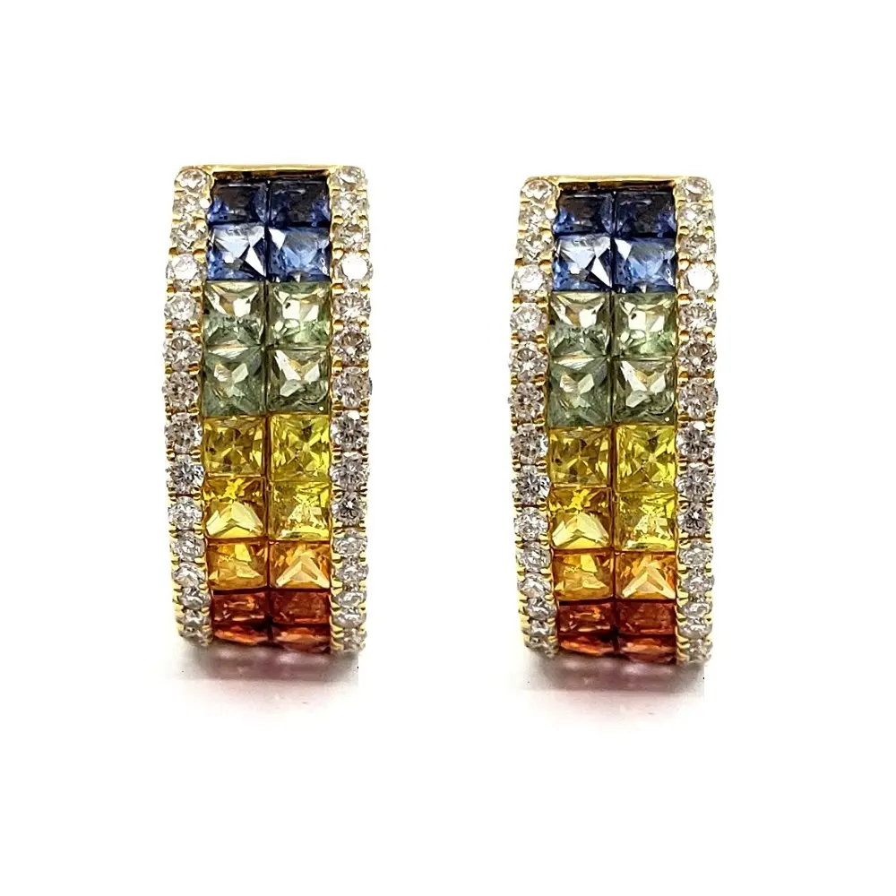 Drop Ship Fine Jewelry Special Combination 18k Yellow Gold High Quality Diamond Jewellery Rainbow Colour Gemstone Earring Hoops