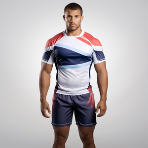 Ensemble de maillot de rugby personnalisé pour homme, rayé bleu, rouge et blanc, manches courtes, polyester sublimé anti-transpiration - Product Image 4