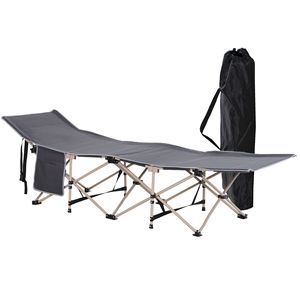 Lit de camping pliable inclinable pour adultes, gris, portable, en fer, pour dormir en extérieur, avec sac de transport et poches latérales pour les voyages et les vacances - Product Image 1