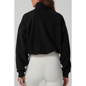 2026 Latest Women's <b>Black</b> Fleece Half-Zip Oversized Sweatshirt Stand Collar Drop-Shoulder Full <b>Sleeve</b> <b>Short</b> <b>Crop</b> Winter Wear ODM - Product Image 2