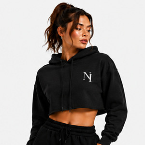 Sweat-shirt à capuche court noir pour femme OEM, imprimé, manches longues, décontracté, 100 % coton, tricoté respirant à l'avant - Product Image 4