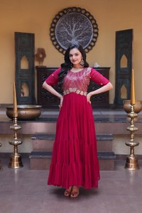 Elegant Faux Blooming Embroidered Gown with Zari <b>Sequins</b> Work High <b>Flare</b> Party Wear Dress for Women - Product Image 1