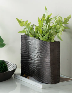 Dark Brown Wood Grain Slab Vase – Wave Top Metal/<b>Ceramic</b> <b>Flower</b> <b>Pot</b> – Minimalist Nature-Inspired Living Room Centerpiece - Product Image 6