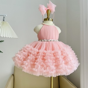 Robe de soirée en tulle perlée à col licou pour filles, modèle 2-en-1 avec traîne à volants détachable, jupe superposée élégante, vente en gros - Product Image 5