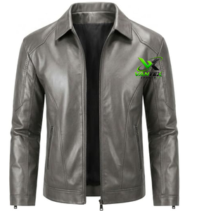 Chaqueta de Motociclista VANTEX para Hombre, de Cuero Genuino Gris, Ecológica, Estilo Vintage, Corte Ajustado, Cuello Camisero, Cierre de Cremallera, Resistente al Viento - Product Image 1