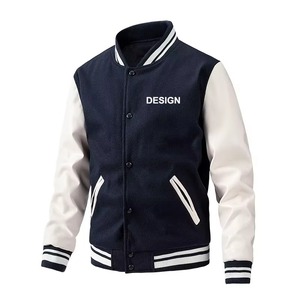 <b>Men's</b> Navy <b>White</b> Varsity <b>Jacket</b> Preppy Style Button Up Design Print Regular Fit Autumn Wear - Product Image 1