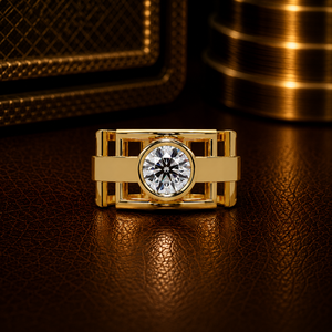 Anillo de compromiso de oro puro de 14 quilates con diamante de laboratorio de corte redondo y bisel geométrico moderno de 1.00 quilates, certificado por IGI, para mujer - Product Image 1