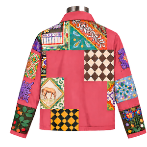 Chaqueta de trabajo rosa coral con mosaico, diseño floral artesanal, abotonada, informal, de manga larga, estilo urbano, personalizada - Product Image 2