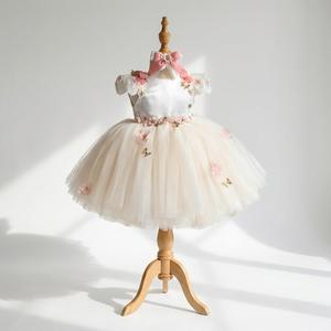 Vestido de Bautizo con Tutú Floral Crema para Niñas, Forro Suave, Tela Segura, Hermoso Vestido para Cumpleaños, Bodas y Fiestas, Económico, Estilo Europeo - Product Image 1