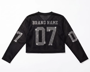Maillot de football américain unisexe noir en maille à manches trois quarts, personnalisé avec strass thermocollés, col en V ample, motif drapeau, grande taille, scintillant - Product Image 2