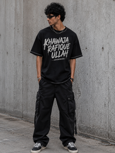 Khawaja Rafique Ullah Enterprises Men's Oversized <b>Long</b> Knitted <b>Black</b> <b>T</b>-<b>Shirt</b> Contrast Trim Street Style Short <b>Sleeve</b> O-Neck 100% - Product Image 4