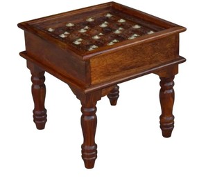 Vintage Carved Bedside <b>Table</b> with Metal Inlay | Antique Carved Top Wooden End <b>Table</b> for Living Room - Product Image 1