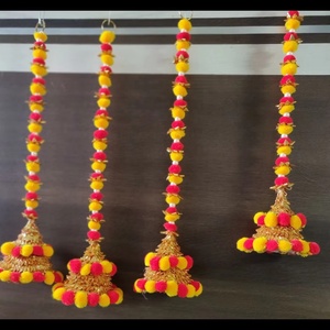 Traditional Indian Festive Decorative Gota Patti and Pom-Pom Door Hangings Vibrant Yellow and Red Ethnic Latkan for Home Decor - Product Image 1