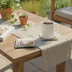 Modern Handmade Square Tableware <b>Coaster</b> Set Wildflower MDF with Natural <b>Cork</b> Backing 9cm Diameter From REHMAN CRAFT - Product Image 4