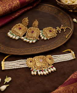 Traditional Indian Copper <b>Jewelry</b> <b>Set</b> Square Choker <b>Pearl</b> Bead Necklace With Dangle Earrings & Mang Tika Gold Plated <b>Jewelry</b> <b>Set</b> - Product Image 5