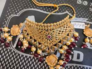 22K Solid Gold Bridal Choker <b>Necklace</b> Set with <b>Ruby</b> Centerpiece Cascading Gold Pearls and Maroon Gemstone Drops for Women - Product Image 2
