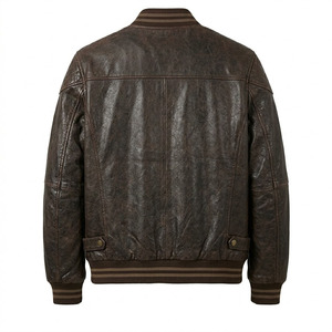 Chaqueta de cuero para hombre estilo bomber, de piel de vaca premium, color marrón, estilo clásico varsity, ropa de abrigo para invierno, cuello acanalado, botones a presión, chaqueta informal. - Product Image 2