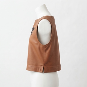 Cognac Tan <b>Leather</b> Shell <b>Top</b> Women Boat Neck Sleeveless Boxy Crop Side Slit Contrast Stitching Varsity Logo Embroidery Wholesale - Product Image 4