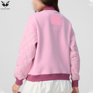 Pink Full Sleeve Turn Down Collar Button Closure Quilted Embroidery Letter S Design OEM ODM Service Women Varsity <b>Jacket</b> - Product Image 4