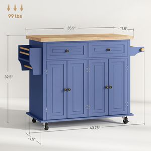 Carrello da Cucina Moderno Blu Navy su Ruote con Piano in Rovere e Legno di Gomma, Porta Spezie, Portasciugamani, Cassetti, Design Portatile - Product Image 3