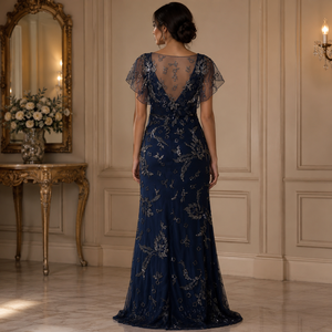Women Navy Blue Floral <b>Sequin</b> Maxi Dress V Neck Sheer Flutter Sleeve Embellished Evening Gown Wedding Party Prom Formal Elegant - Product Image 4