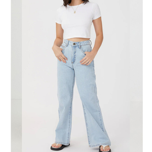 High Waist Wide Leg Plus Size Women's <b>Jeans</b> Full Length Light Washed Denim Casual Style <b>Button</b> <b>Fly</b> Solid Color Cotton - Product Image 1