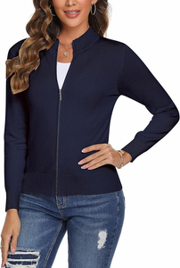 <b>Women's</b> <b>Navy</b> Blue Zipper <b>Cardigan</b> Full Sleeve Stand Collar Solid Color Knitted Sweater Casual Winter Wear 100% Acrylic - Product Image 4