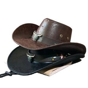 Mode tête de vache décorer Western Cowboy chapeau en cuir naturel Vintage Gentleman Jazz chapeaux pour hommes Cowgirl chapeaux - Product Image 5