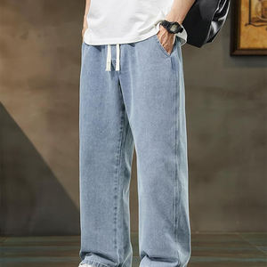 Pantalones Vaqueros Anchos de Pierna Recta, Cintura Elástica, Estilo Urbano, Alta Calidad, para Hombre, Primavera/Verano, con Botones - Product Image 4