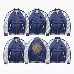 Custom Apparel Brand Supplier <b>Purple</b> Gold Satin <b>Varsity</b> <b>Jacket</b> Snap Button Embroidered Gargoyle Back Emblem Coat - Product Image 5