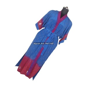 KL017 Beautiful Vintage Blended Poly Silk Sari Kimono Long <b>Robe</b> Double Pocket Nightgown <b>Women</b> Winter Quick <b>Dry</b> Drawstring - Product Image 2