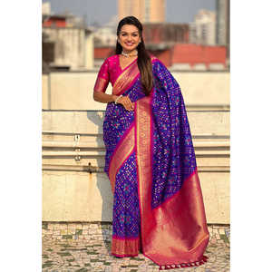 Violet Premium Patola Saree Woven From Soft <b>Silk</b> and Zari Featuring Contrast Weaves Traditional Scarves & <b>Shawls</b> Elite Weaves - Product Image 5