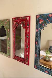 Grand miroir mural rectangulaire en bois peint à la main avec un motif floral, style bohème, pour le salon, décoration de la maison - Product Image 1
