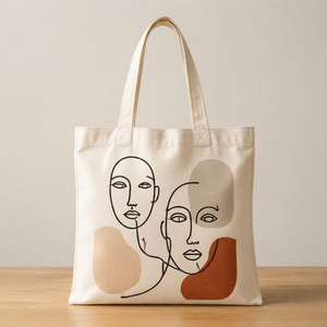 Sac fourre-tout imprimé visage abstrait, écologique, crème, grande capacité, sac à bandoulière pour femme, motif ligne artistique, sac de marché réutilisable, fermeture magnétique - Product Image 1