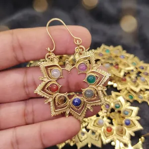 Natural 7 Chakra Brass <b>Earrings</b> | Handmade Healing Crystal <b>Earrings</b> | Gold Plated Brass Gemstone Dangle <b>Earrings</b> | Wholesale Jew - Product Image 4