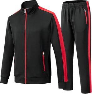 Ensemble de survêtement pour homme noir à rayures rouges, col montant, fermeture éclair intégrale, en polyester tricoté respirant, style sportif, pour l'automne - Product Image 1