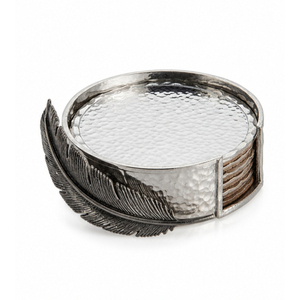 Hammered Metal <b>Coasters</b> Set with Feather Holder <b>Silver</b> Stainless Steel Drink <b>Coasters</b> Non-Slip Insulation Cup Mat for Home - Product Image 1