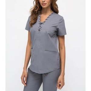 Unisex Gray Nurse <b>Scrub</b> Top Short Sleeve V-Neck Lace-Up Front Pockets Hospital Uniform Woven 94% Polyester 6% Spandex - Product Image 3