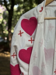 Women's Quilted Velvet <b>Jacket</b> With Heart Applique And Cross Embroidery Pattern Stand Collar Full Sleeve Spring Wear - Product Image 5