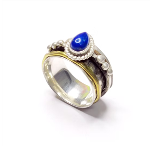 Handmade Teardrop Lapis Lazuli 925 Silver <b>Spinner</b> <b>Ring</b> Retro Boho Style Engagement Jewelry for Women - Product Image 2