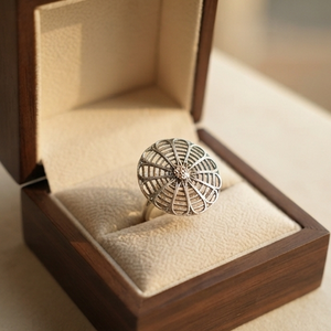 DIVYORO Women's Modern Geometric Lattice Dome <b>Ring</b> in Brass with Oxidized Silver Plating - Product Image 3