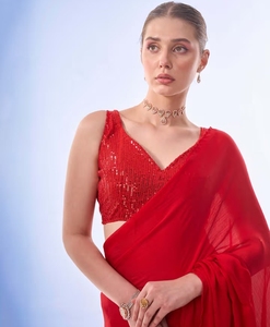 KV <b>Red</b> Solid Pre-Draped Bollywood Style Saree With Unstitched <b>Blouse</b> - Product Image 1